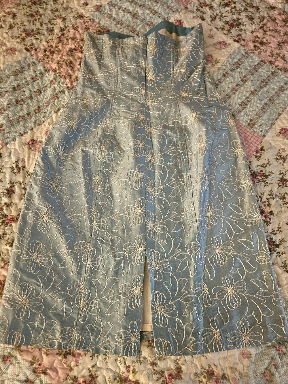 Light Blue Floral Brocade Strapless Dress - Picture 10 of 12